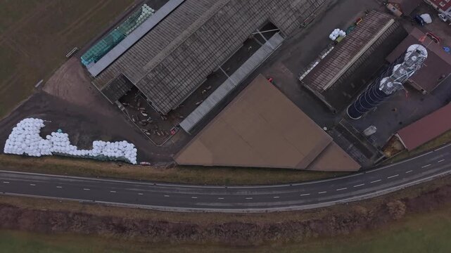 Swiss farm life and transport: drone view of cattle pastures and a busy highway. Aerial view of white silage bales near a Swiss farm with a village background.