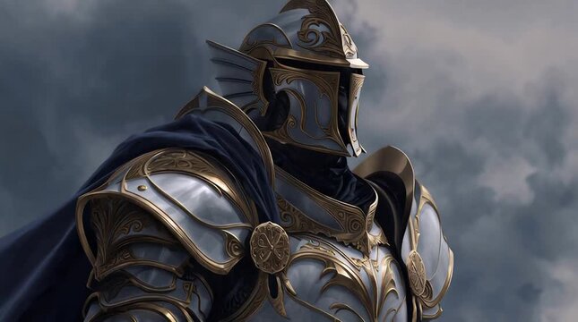 Animated Anime Knight Warrior Man in Full Armor With Sword and Flowing Cape