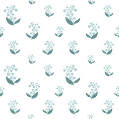 Fototapeta premium Lily of the valley seamless pattern with gradient flowers and leaves. Botanical floral repeat background. Minimal flat vector illustration.