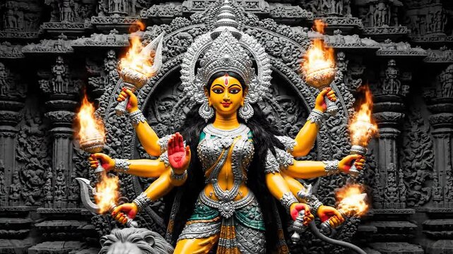 Powerful idol of Hindu Goddess Durga on a lion mount