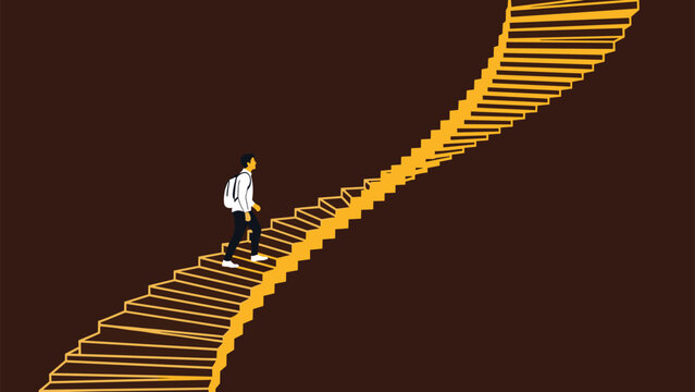 Man with a backpack walks up a long and narrow golden spiral staircase that twists high into a dark brown void representing a long journey.