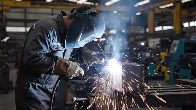 Professional Welder in Protective Gear Using MIG/MAG Torch on Steel Metalwork in Industrial Factory Workshop with Bright Sparks and Smoke