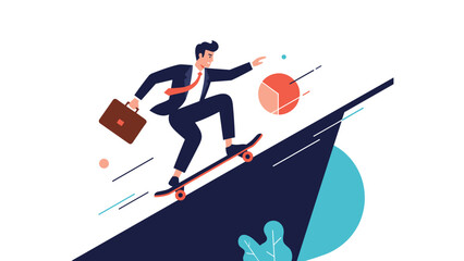 Fototapeta premium Energetic businessman in a suit rides a skateboard up a steep rising slope while carrying a briefcase and passing a pie chart.