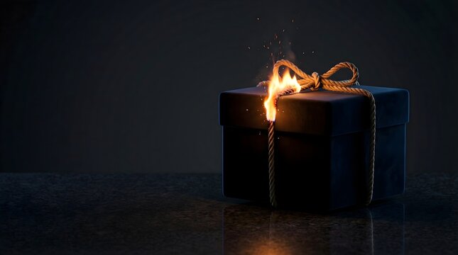 The Deceptive Present: Luxurious Matte Black Gift Box with Burning Fuse Ribbon as Trojan Metaphor
