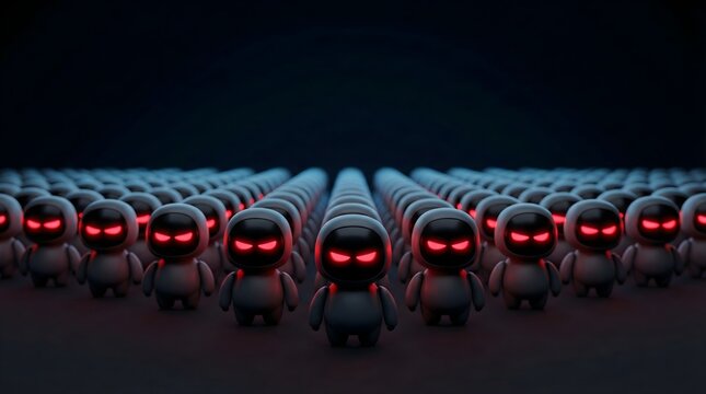 The Silent Army: Rows of Minimalist Black Toy Robots with Glowing Red Eyes on Dark Background
