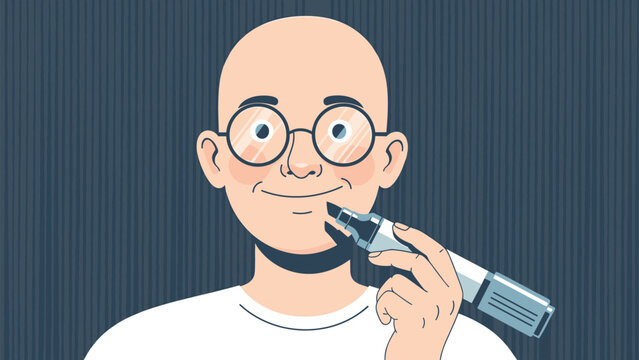 Bald man with glasses holds a marker to his face as if drawing on a mustache, illustrating playful creativity and self-deprecating humor.