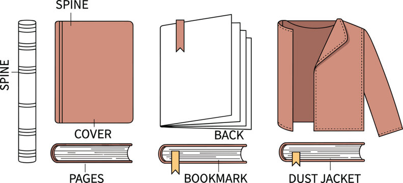Book anatomy illustration, spine, cover, pages, back, bookmark, dust jacket, educational diagram, labeled book components, reading material parts, publishing design elements