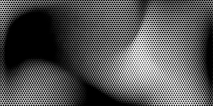 Black seamless hexagon texture. Repeated honeycomb pattern background. Geometric hexagonal halftone tech overlay backdrop. Abstract repeating hex halftone. Vector retro technology dot texure wallpaper