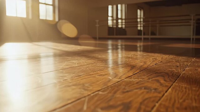A sunlit dance studio with hardwood floors, a ballet barre, and bright window light