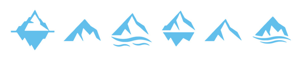 Stylized mountains and icebergs with wavy water lines, representing nature and climate themes © Dij