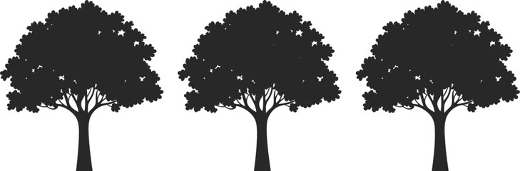 Obraz premium Silhouette illustration of three identical deciduous trees aligned in horizontal row, thick trunks, rounded canopies, stylized nature design