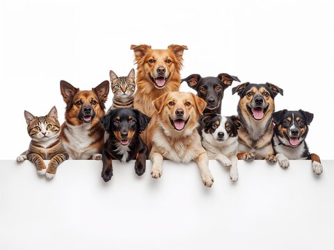Cute Row of Various Pet Breeds Including Puppies and Kittens on White Background