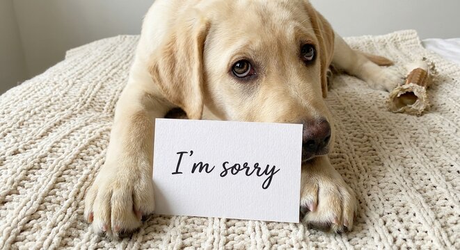A sad Labrador puppy holds a sign that says I'm sorry while lying on a textured blanket.