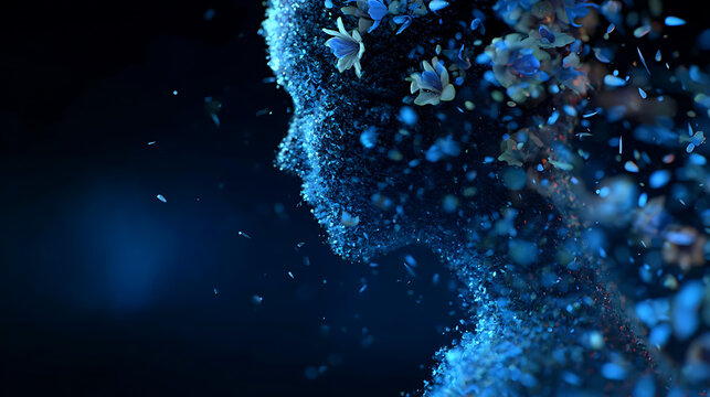 A captivating digital artwork of a silhouette of a person made of blue particles and flowers