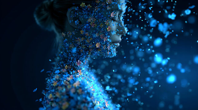 A mesmerizing artistic portrait of a woman's silhouette adorned with luminous particles, suggesting growth and transformation