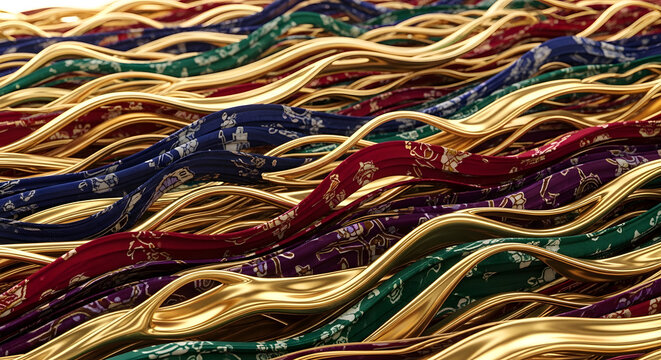 Vibrant fabric waves with intricate patterns and shiny golden threads.