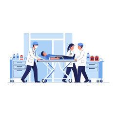 Medical professionals transport patient on stretcher in hospital hallway. © ipul