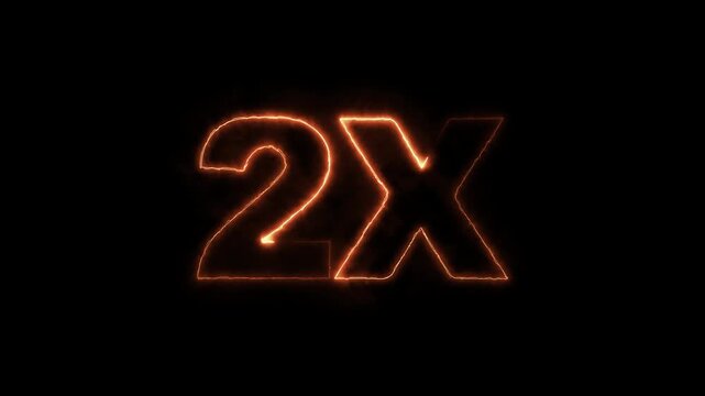 2x fire text animation with burning flame effect on black background. burning 2x symbol with realistic fire sparks and glow loop.