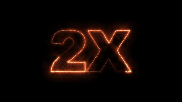 2x fire text animation with burning flame effect on black background. burning 2x symbol with realistic fire sparks and glow loop.