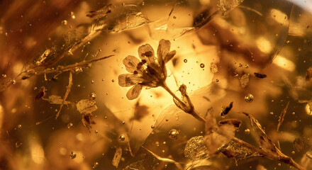 Amber fossil with flowers and inclusions captured in sunlight  