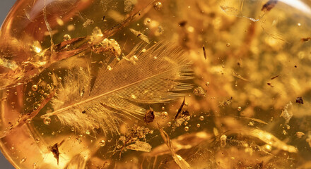 Amber with feather inclusion and bubbles in natural light  