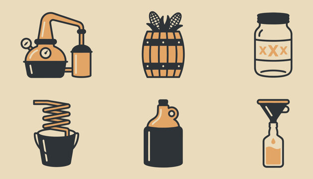 Rustic Moonshine Distillation Process Icons Set