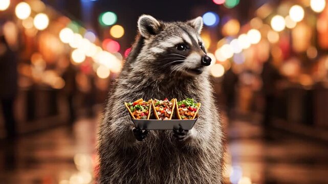 A curious raccoon standing on a festive holiday street at night with blurred lights