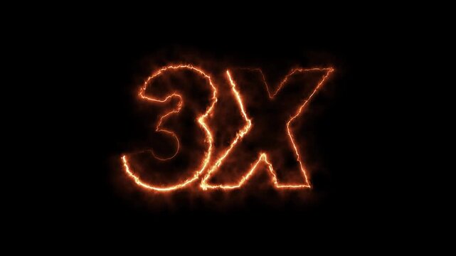 3x fire text animation with intense burning flame effect. 3x speed multiplier for gaming and promo videos. realistic burning 3x symbol with flickering fire sparks loop.