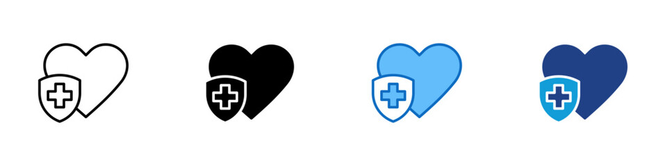 Obraz premium Health Protection Multiple Style Icon Design Vector - Heart with medical cross and shield representing healthcare coverage, medical protection, and patient safety