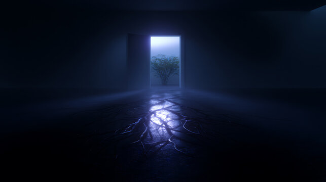 An ethereal open doorway in a dark, moody room, revealing a mysterious, misty landscape beyond. The floor reflects the dim light and features an intricate, almost root-like pattern