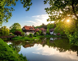 Obraz premium A vibrant lakeside town scene. Houses nestle amid lush greenery, reflecting in serene waters. Sunlight bursts through the foliage