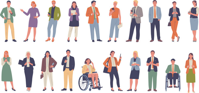 Diverse business people standing with smartphones and documents, inclusive corporate team including wheelchair users, modern office professionals flat vector illustration isolated background