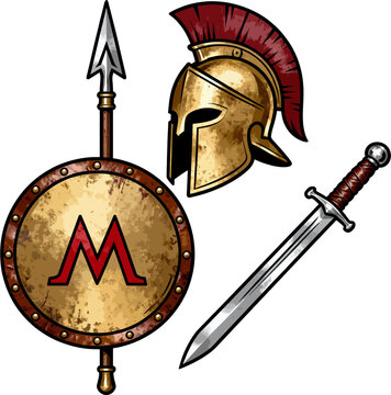 Spartan Warrior Flat Vector Set: Dory Spear, Xiphos Sword, Plumed Golden Helmet and Bronze Aspis Shield with Lambda Emblem