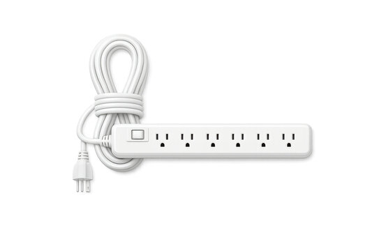 White power strip with coiled cord and on/off switch, isolated on black background