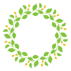 Delicate Leaf with berries Wreath, Floral Frame. Fresh Green Wreath, Spring Natural Border Vector