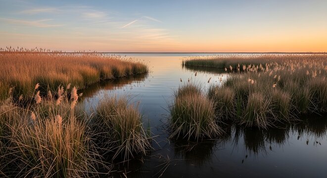 Quiet lake with reeds and rushes along the shoreline in northern Tunisia at sunset