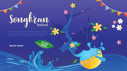 Obraz premium Songkran 2026 festival banner of thailand with water splash. thai new year celebration template 