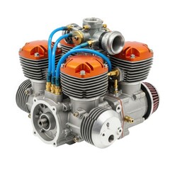 Intricate engine with multiple cylinders and vibrant hoses