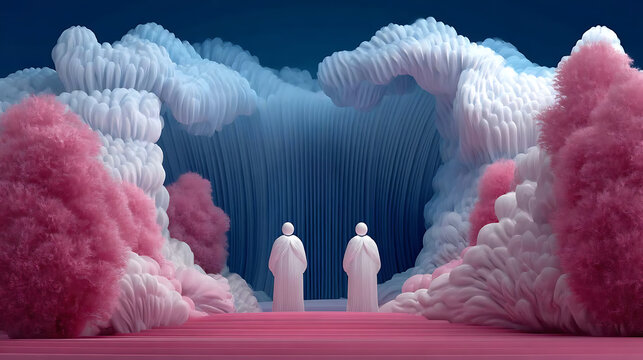 A Surreal Encounter: Two figures in a whimsical landscape surrounded by fluffy clouds. The scene is both dreamlike and intriguing. 