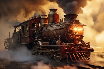 Fototapeta premium Steampunk locomotive traveling on tracks, surrounded by thick smoke and warm light
