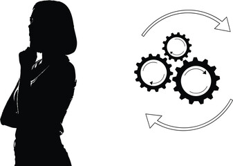 Businesswoman Thinking with Gears in Background