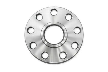 Close-up view of a single metal pipe flange with multiple bolt holes on a black background