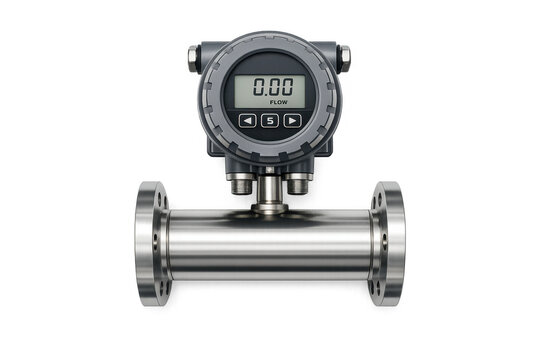 Industrial flow meter with digital display and flanged connections on a black background
