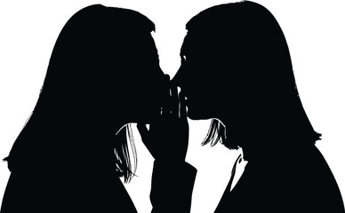 Silhouette of Two Women Kissing on White Background