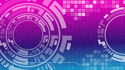 Obraz premium Vibrant gradient background with abstract digital circular elements, scattered binary code 0, 1, and pixel patterns, representing data flow and technology concepts.