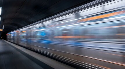 Fast-Moving Subway Train Blurring Through an Underground Station
