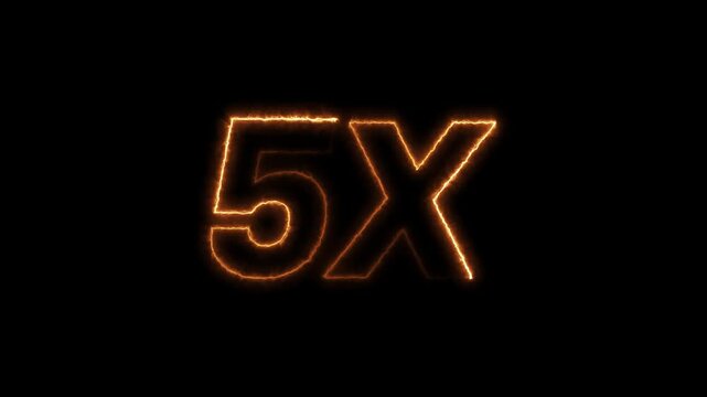 5x fire text animation with intense burning flame effect. realistic burning 5x symbol with flickering fire sparks loop.