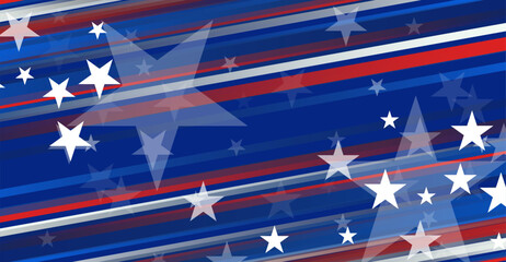 Vibrant patriotic background with white stars and dynamic diagonal red, white, and blue stripes. Ideal for national holidays, celebrations, or American themed designs. © JustPrint