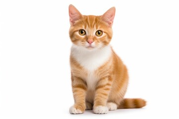 Fototapeta premium Orange and white domestic cat kitten sitting on a white background