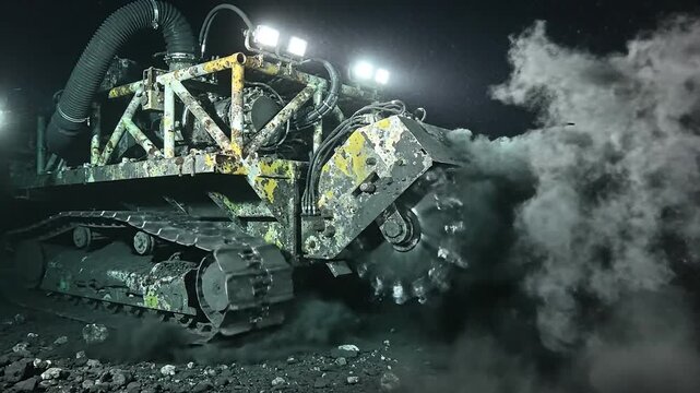 Generic Concept of Deep-Sea Mining Crawler Operating on Seabed: Unbranded Rusty Industrial Machinery Extracting Minerals
